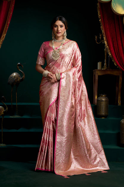 Monjolika Fashion Pink Soft Banarasi Satin Silk With Gold Zari Saree With Blouse Piece