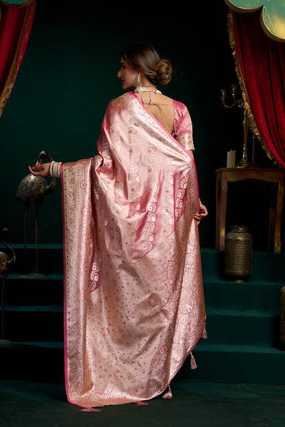 Monjolika Fashion Pink Soft Banarasi Satin Silk With Gold Zari Saree With Blouse Piece