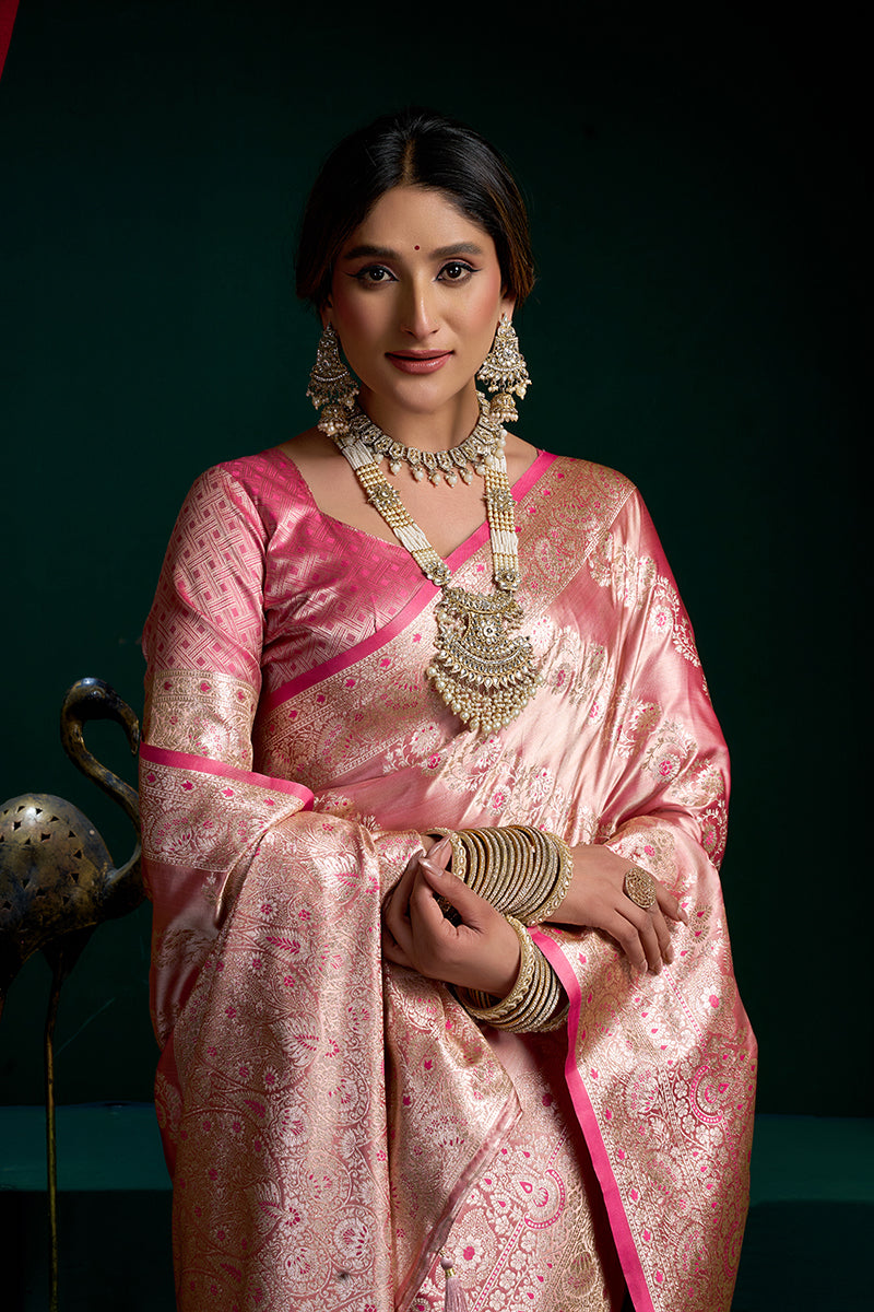 Monjolika Fashion Pink Soft Banarasi Satin Silk With Gold Zari Saree With Blouse Piece