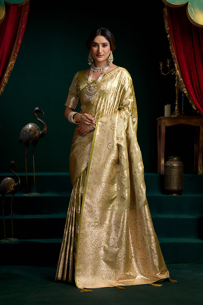 Monjolika Fashion Green Soft Banarasi Satin Silk With Gold Zari Saree With Blouse Piece