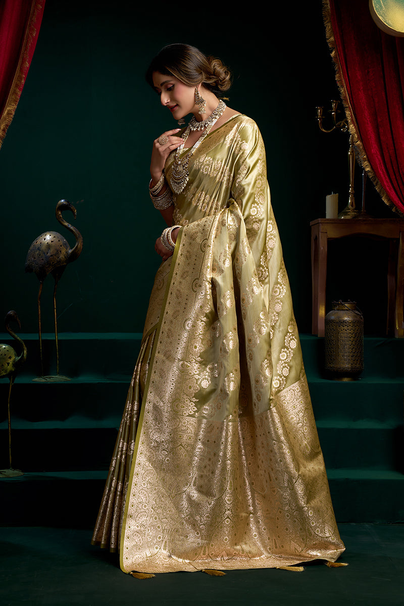 Monjolika Fashion Green Soft Banarasi Satin Silk With Gold Zari Saree With Blouse Piece