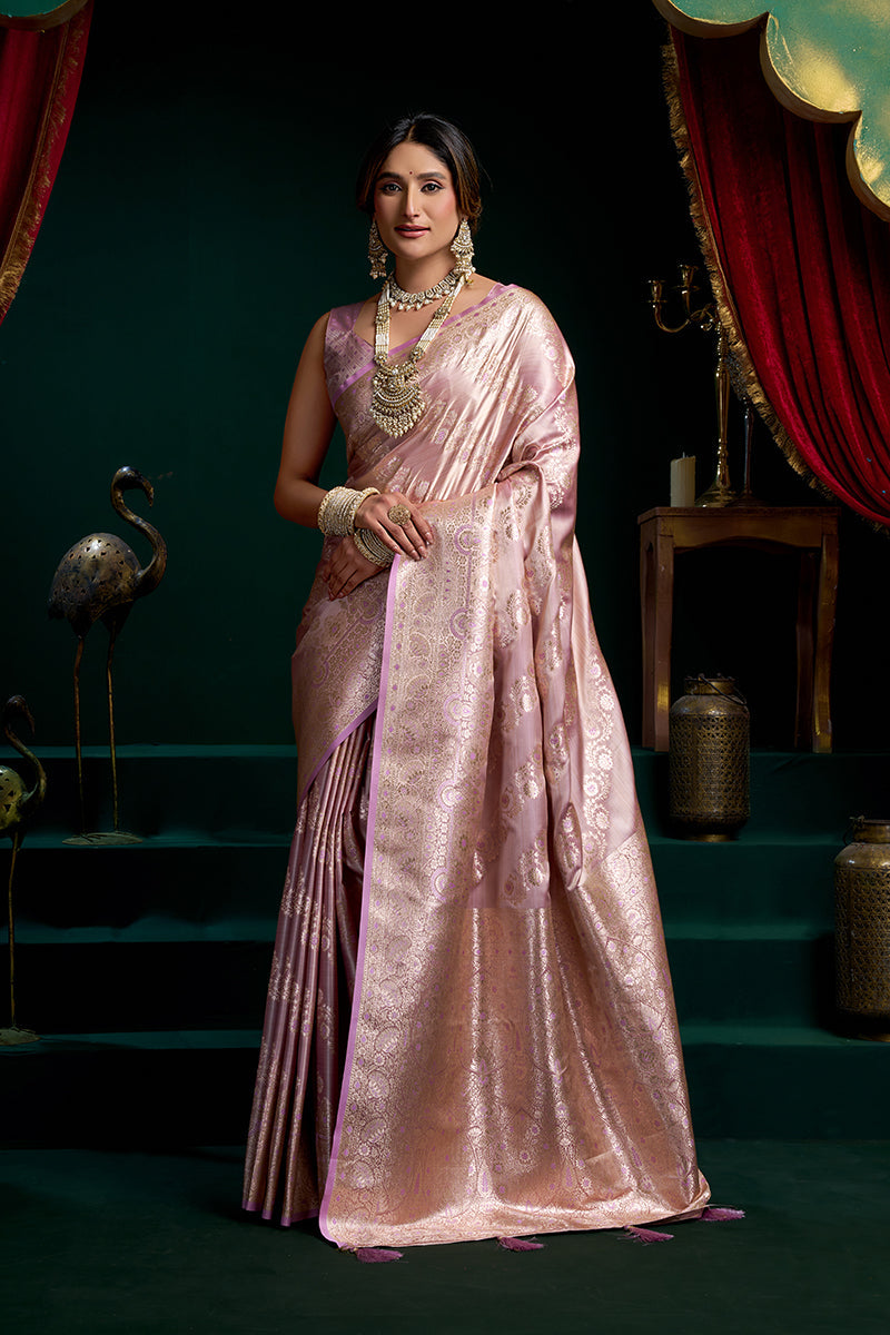 Monjolika Fashion Lavender Soft Banarasi Satin Silk With Gold Zari Saree With Blouse Piece