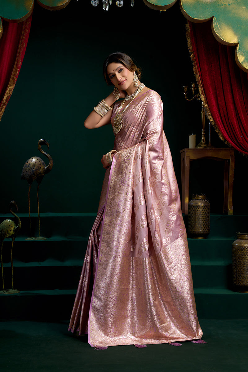 Monjolika Fashion Lavender Soft Banarasi Satin Silk With Gold Zari Saree With Blouse Piece