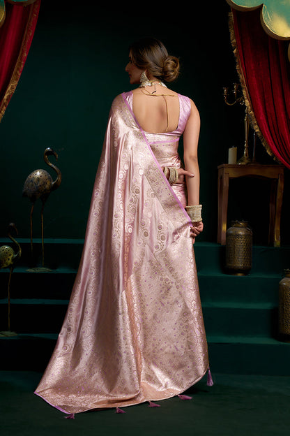 Monjolika Fashion Lavender Soft Banarasi Satin Silk With Gold Zari Saree With Blouse Piece