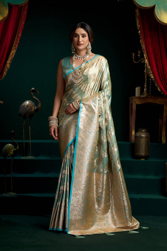 Monjolika Fashion Sea Green Soft Banarasi Satin Silk With Gold Zari Saree With Blouse Piece