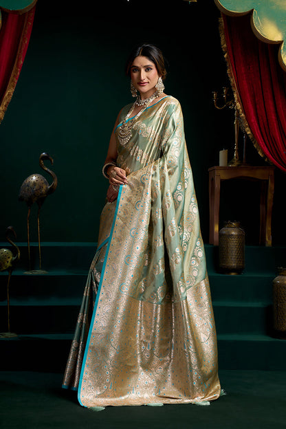 Monjolika Fashion Sea Green Soft Banarasi Satin Silk With Gold Zari Saree With Blouse Piece