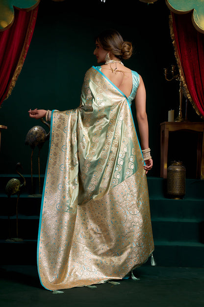Monjolika Fashion Sea Green Soft Banarasi Satin Silk With Gold Zari Saree With Blouse Piece
