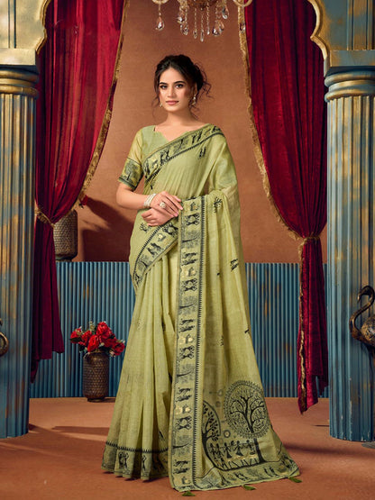 Monjolika Fashion Light Green Cotton Blend Warli Work Saree with Unstitched Blouse
