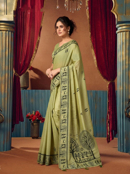 Monjolika Fashion Light Green Cotton Blend Warli Work Saree with Unstitched Blouse