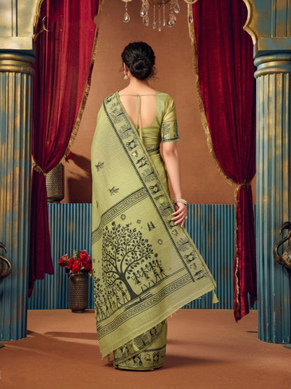 Monjolika Fashion Light Green Cotton Blend Warli Work Saree with Unstitched Blouse