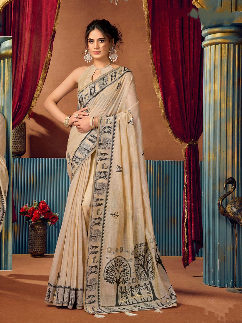 Monjolika Fashion Beige Cotton Blend Warli Work Saree with Unstitched Blouse
