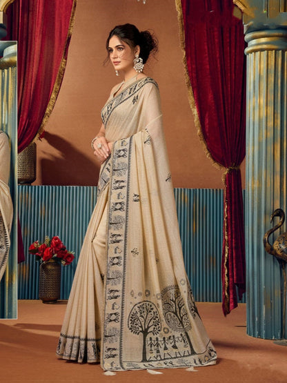 Monjolika Fashion Beige Cotton Blend Warli Work Saree with Unstitched Blouse
