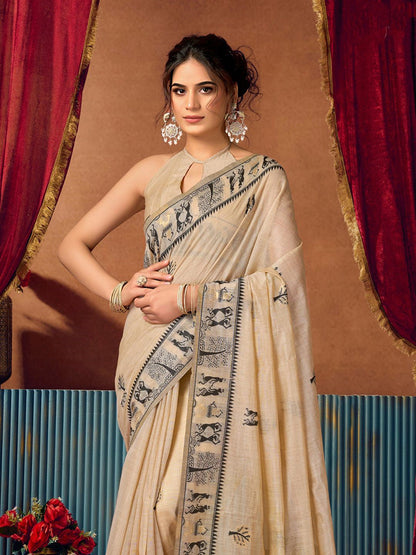 Monjolika Fashion Beige Cotton Blend Warli Work Saree with Unstitched Blouse