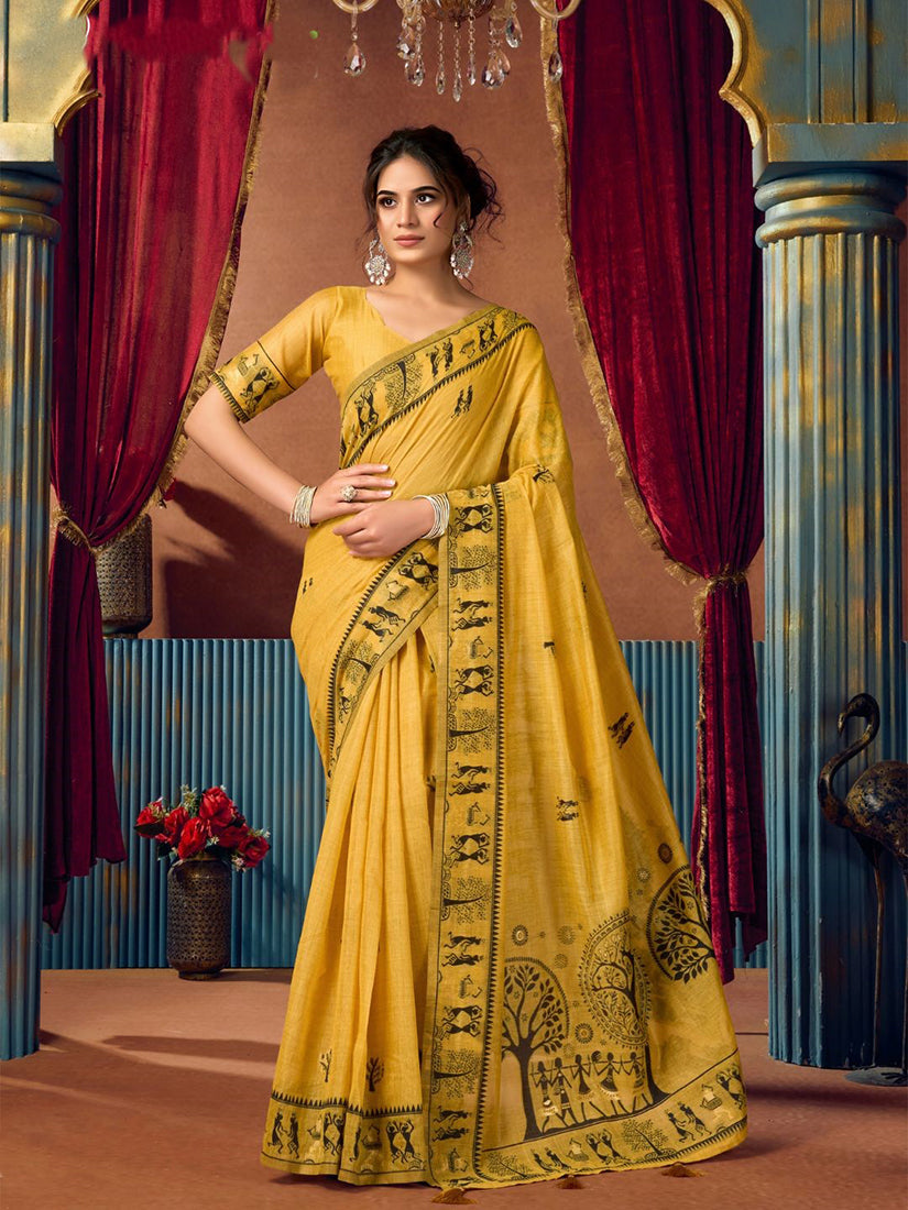 Monjolika Fashion Mustard Cotton Blend Warli Work Saree with Unstitched Blouse