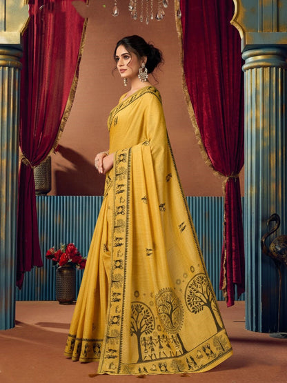 Monjolika Fashion Mustard Cotton Blend Warli Work Saree with Unstitched Blouse