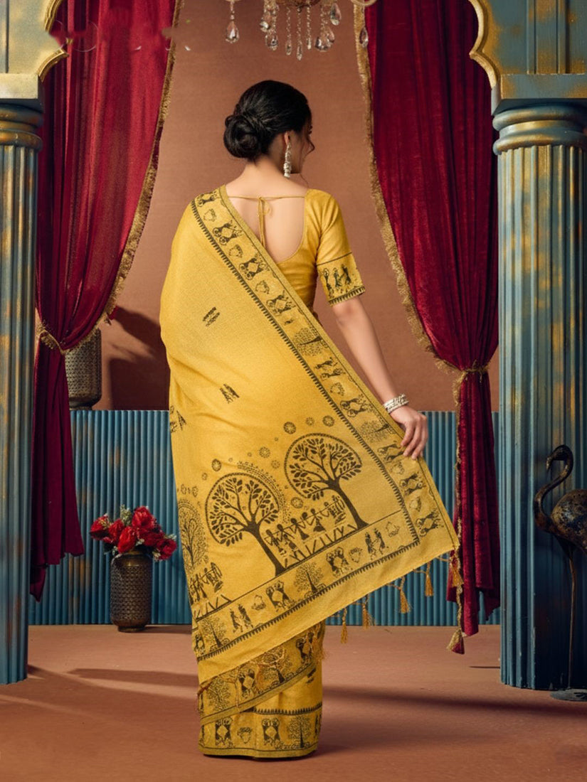 Monjolika Fashion Mustard Cotton Blend Warli Work Saree with Unstitched Blouse