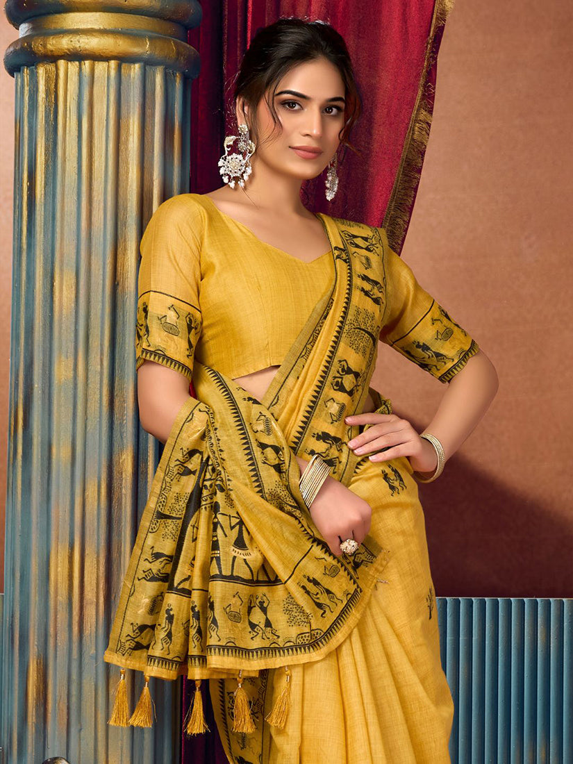 Monjolika Fashion Mustard Cotton Blend Warli Work Saree with Unstitched Blouse