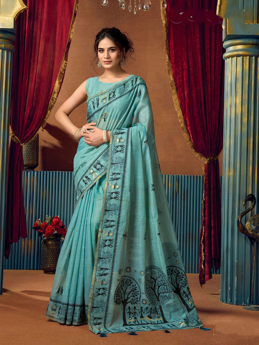 Monjolika Fashion Aqua Blue Cotton Blend Warli Work Saree with Unstitched Blouse