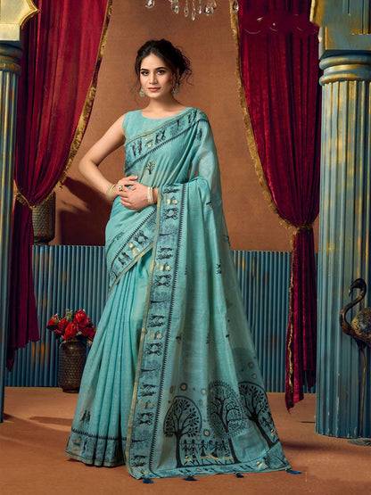Monjolika Fashion Aqua Blue Cotton Blend Warli Work Saree with Unstitched Blouse