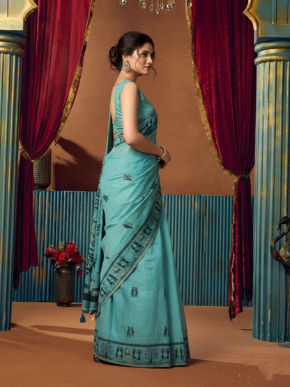 Monjolika Fashion Aqua Blue Cotton Blend Warli Work Saree with Unstitched Blouse