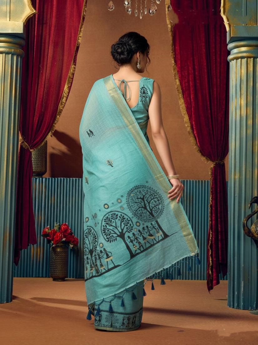 Monjolika Fashion Aqua Blue Cotton Blend Warli Work Saree with Unstitched Blouse