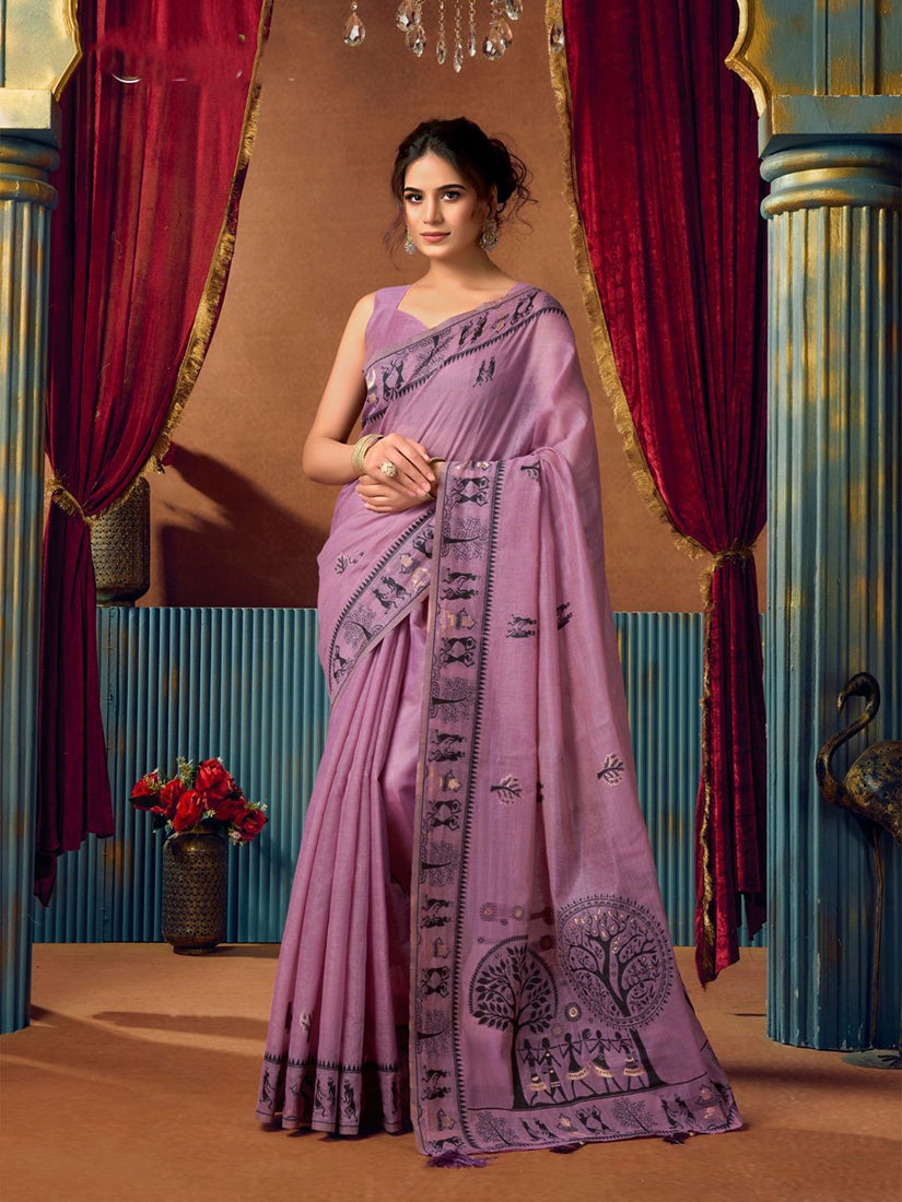 Monjolika Fashion Lavender Cotton Blend Warli Work Saree with Unstitched Blouse