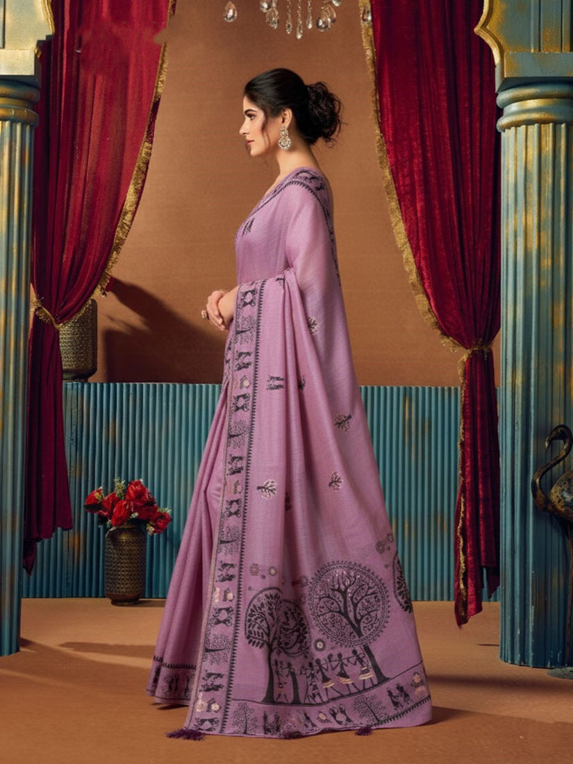 Monjolika Fashion Lavender Cotton Blend Warli Work Saree with Unstitched Blouse