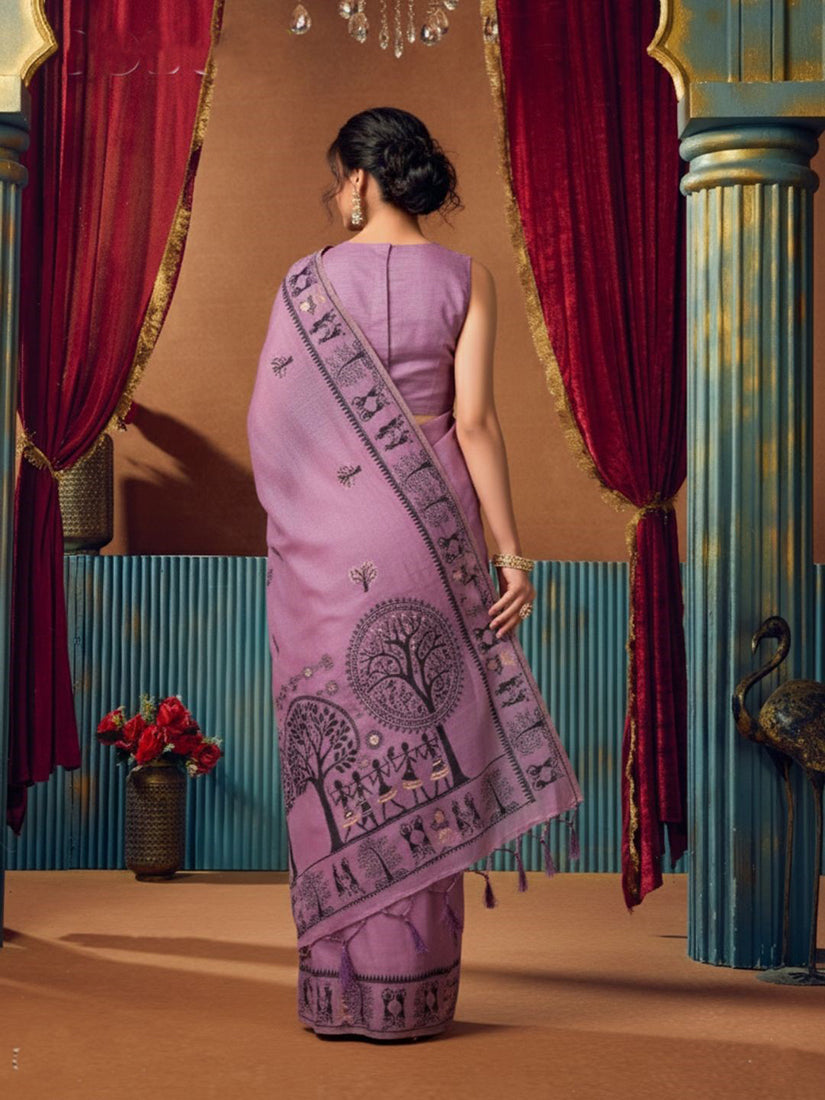 Monjolika Fashion Lavender Cotton Blend Warli Work Saree with Unstitched Blouse