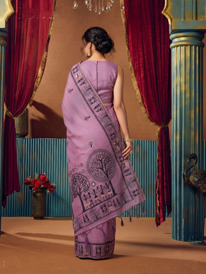 Monjolika Fashion Lavender Cotton Blend Warli Work Saree with Unstitched Blouse