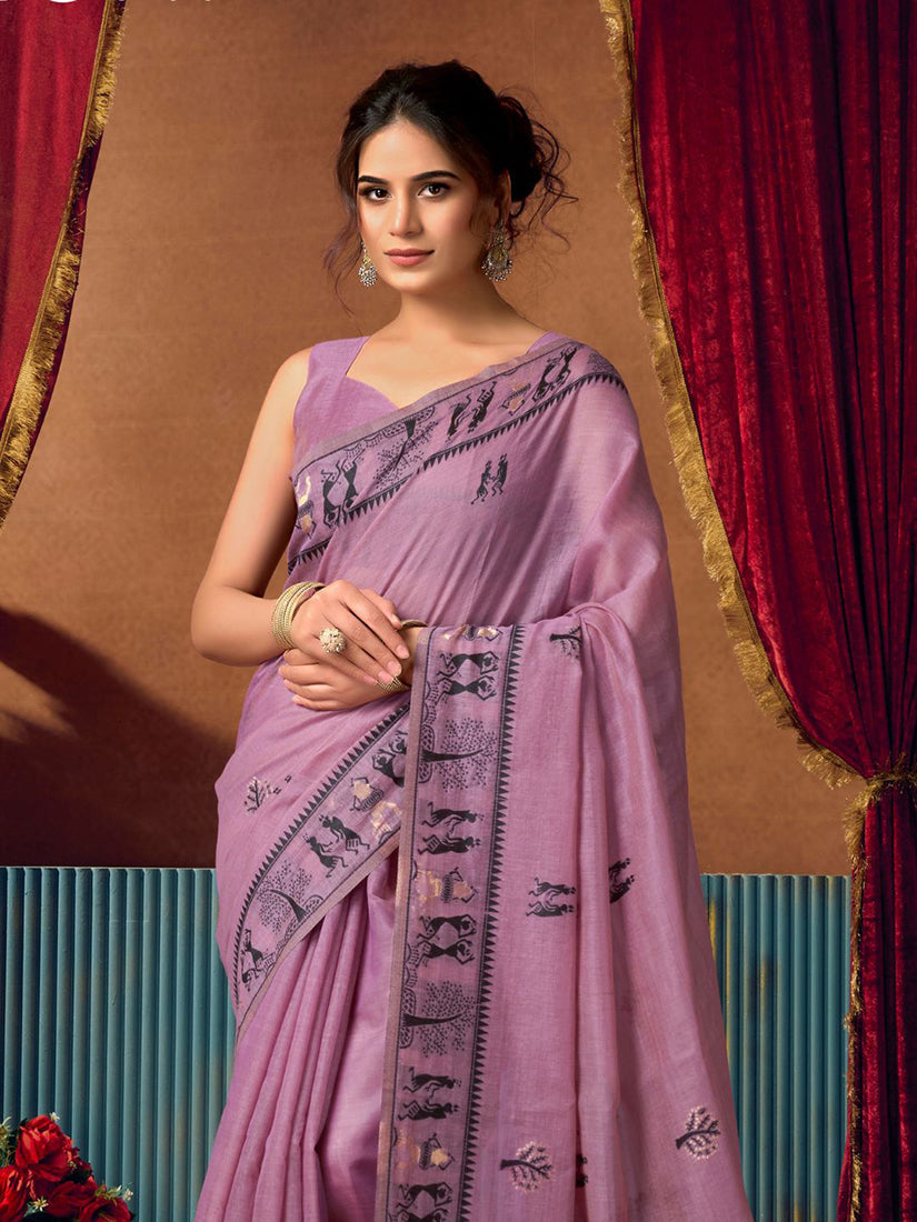 Monjolika Fashion Lavender Cotton Blend Warli Work Saree with Unstitched Blouse