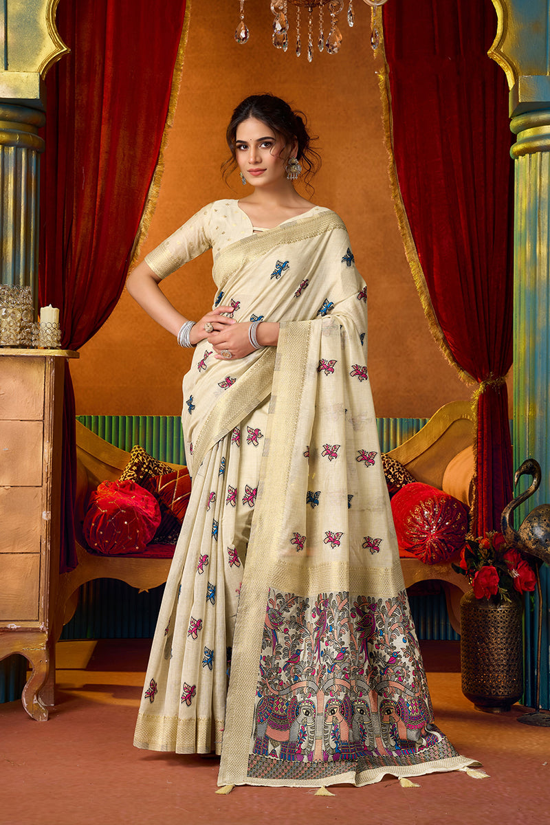 Monjolika Fashion Cream Cotton Blend Saree With Traditional Ethnic Motifs And Includes Blouse Piece
