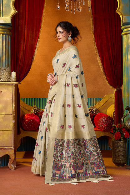 Monjolika Fashion Cream Cotton Blend Saree With Traditional Ethnic Motifs And Includes Blouse Piece