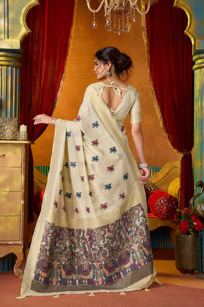 Monjolika Fashion Cream Cotton Blend Saree With Traditional Ethnic Motifs And Includes Blouse Piece