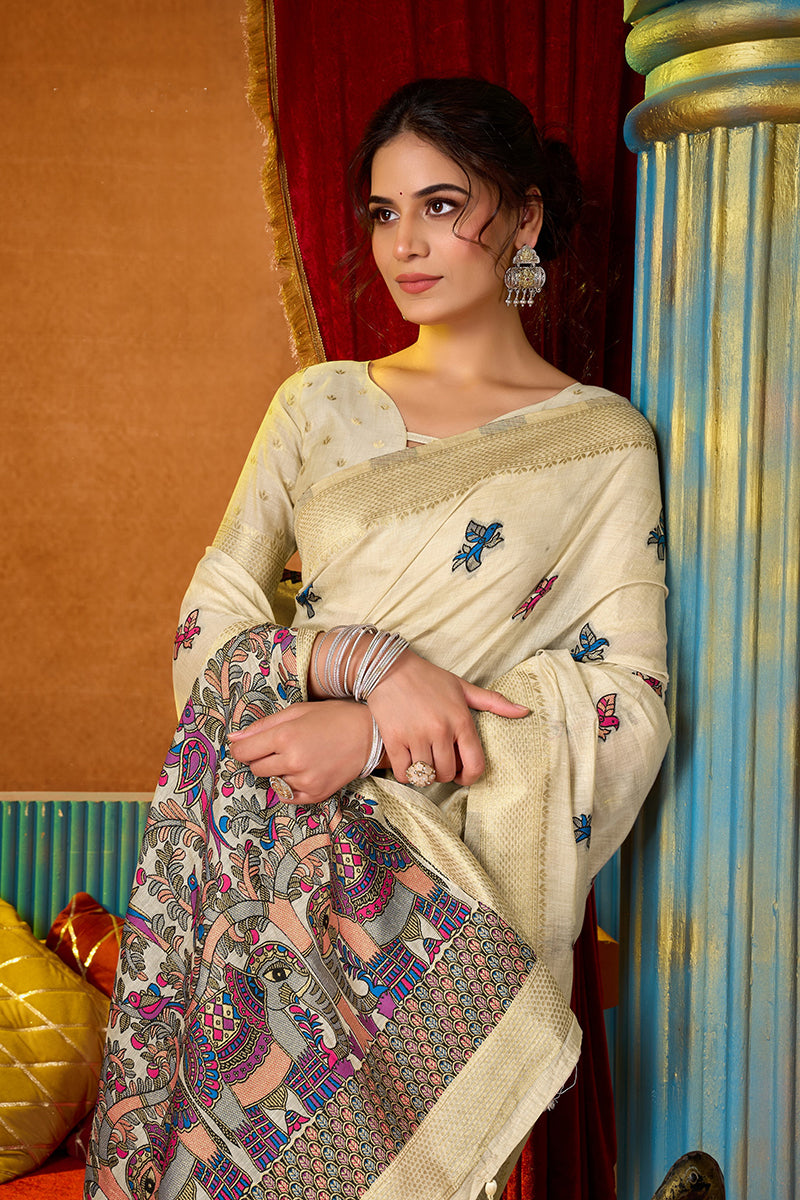 Monjolika Fashion Cream Cotton Blend Saree With Traditional Ethnic Motifs And Includes Blouse Piece