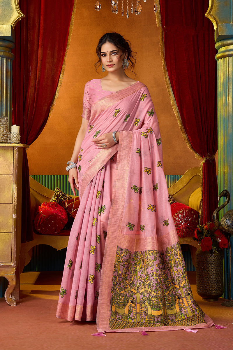 Monjolika Fashion Pink Cotton Blend Saree With Traditional Ethnic Motifs And Includes Blouse Piece