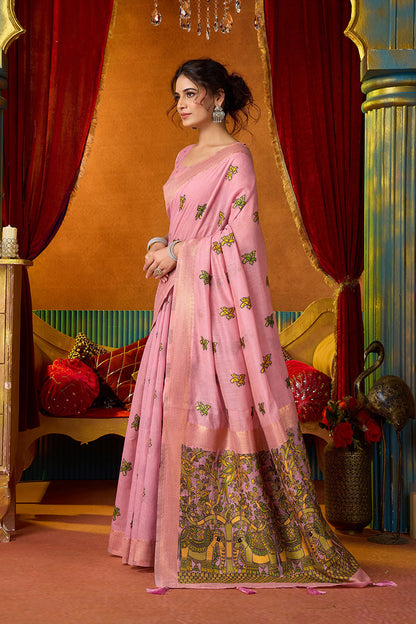 Monjolika Fashion Pink Cotton Blend Saree With Traditional Ethnic Motifs And Includes Blouse Piece