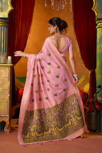 Monjolika Fashion Pink Cotton Blend Saree With Traditional Ethnic Motifs And Includes Blouse Piece