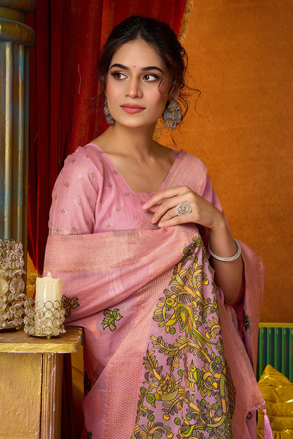 Monjolika Fashion Pink Cotton Blend Saree With Traditional Ethnic Motifs And Includes Blouse Piece