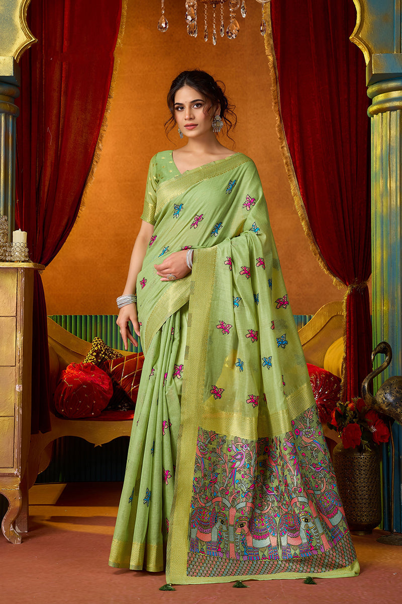Monjolika Fashion Light Green Cotton Blend Saree With Traditional Ethnic Motifs And Includes Blouse Piece