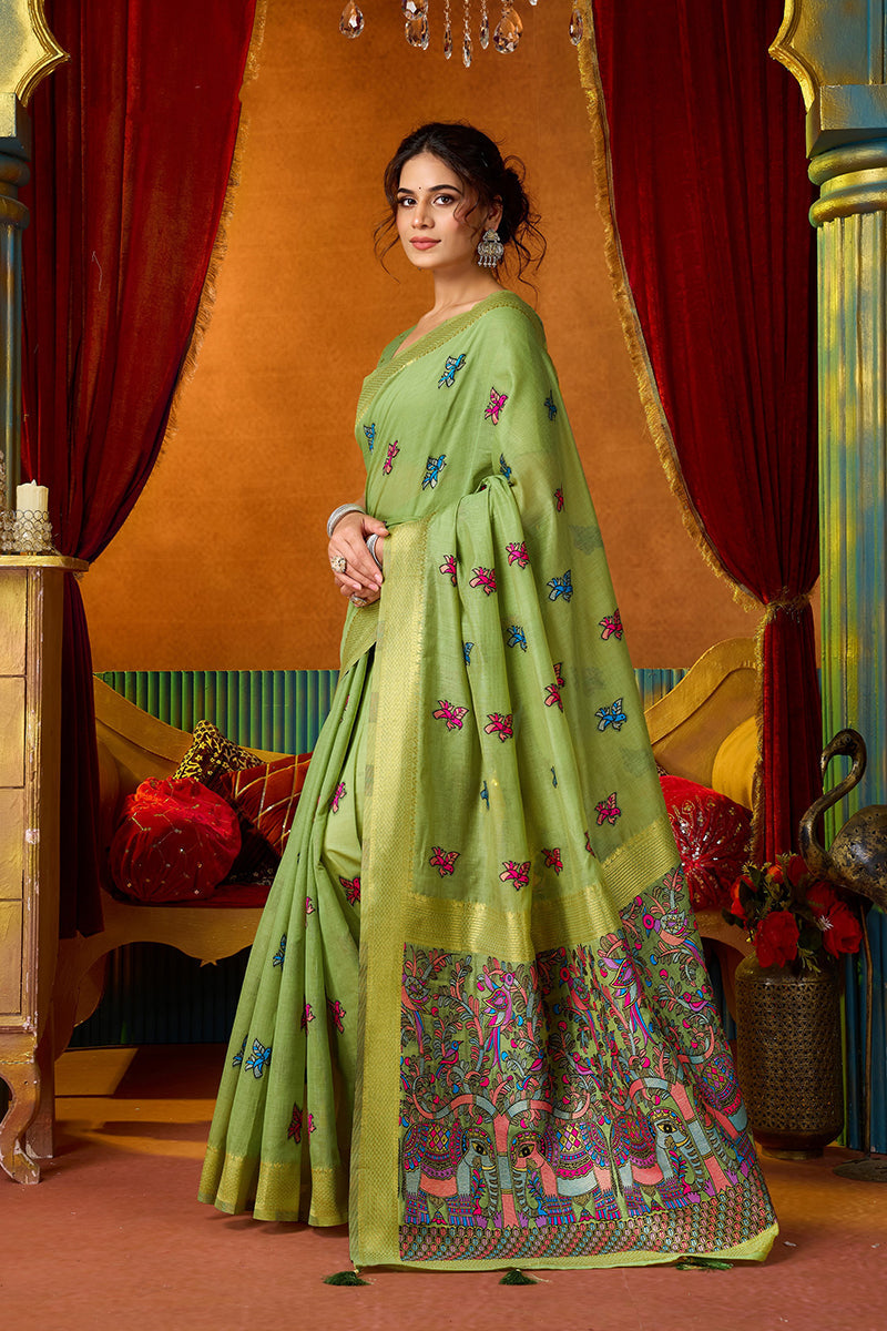 Monjolika Fashion Light Green Cotton Blend Saree With Traditional Ethnic Motifs And Includes Blouse Piece