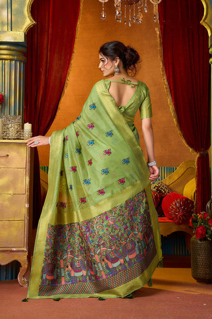 Monjolika Fashion Light Green Cotton Blend Saree With Traditional Ethnic Motifs And Includes Blouse Piece