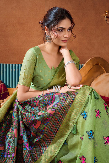 Monjolika Fashion Light Green Cotton Blend Saree With Traditional Ethnic Motifs And Includes Blouse Piece