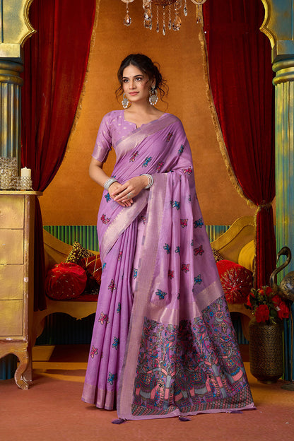 Monjolika Fashion Lavender Cotton Blend Saree With Traditional Ethnic Motifs And Includes Blouse Piece