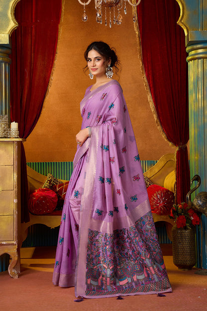 Monjolika Fashion Lavender Cotton Blend Saree With Traditional Ethnic Motifs And Includes Blouse Piece