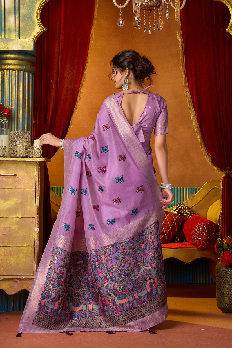 Monjolika Fashion Lavender Cotton Blend Saree With Traditional Ethnic Motifs And Includes Blouse Piece