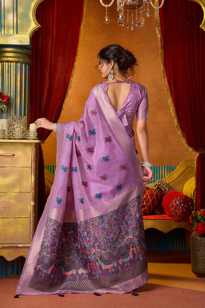 Monjolika Fashion Lavender Cotton Blend Saree With Traditional Ethnic Motifs And Includes Blouse Piece