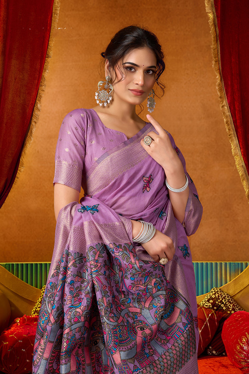 Monjolika Fashion Lavender Cotton Blend Saree With Traditional Ethnic Motifs And Includes Blouse Piece