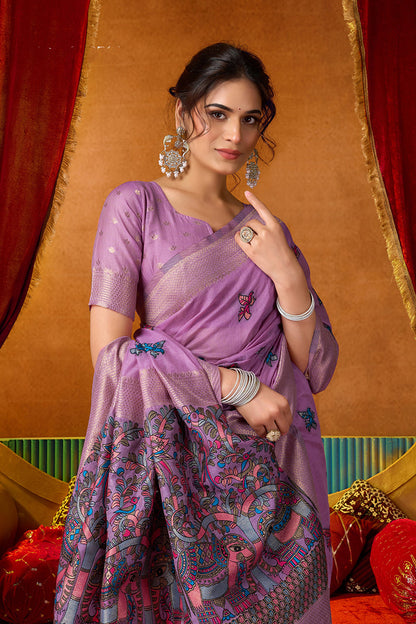 Monjolika Fashion Lavender Cotton Blend Saree With Traditional Ethnic Motifs And Includes Blouse Piece