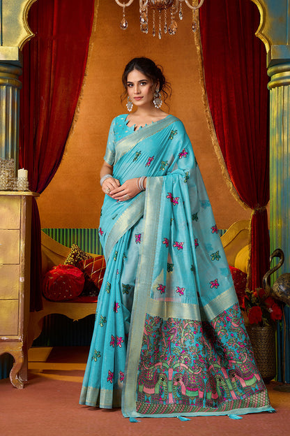 Monjolika Fashion Sky Blue Cotton Blend Saree With Traditional Ethnic Motifs And Includes Blouse Piece