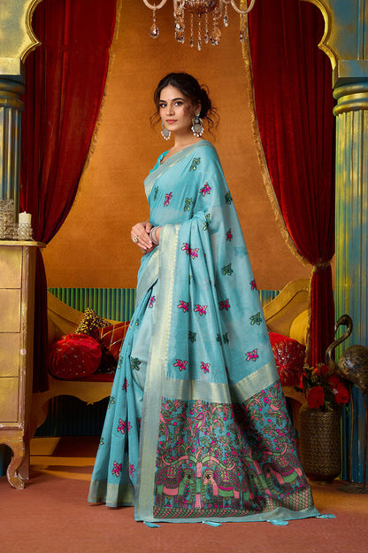Monjolika Fashion Sky Blue Cotton Blend Saree With Traditional Ethnic Motifs And Includes Blouse Piece